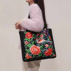 Floral & Bird Embroidered Tote Bag Canvas Shoulder Bag For Women