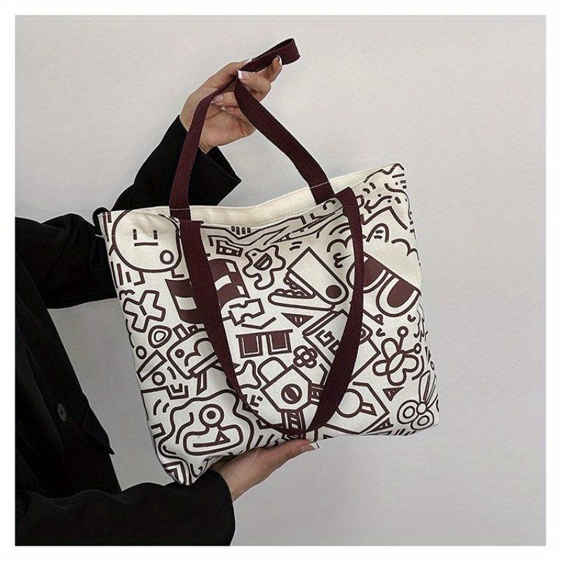 Cartoon Graffiti Print Tote Bag Literary Canvas Shoulder Bag Large Capacity