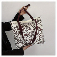 Cartoon Graffiti Print Tote Bag Literary Canvas Shoulder Bag Large Capacity