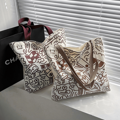 Cartoon Graffiti Print Tote Bag Literary Canvas Shoulder Bag Large Capacity