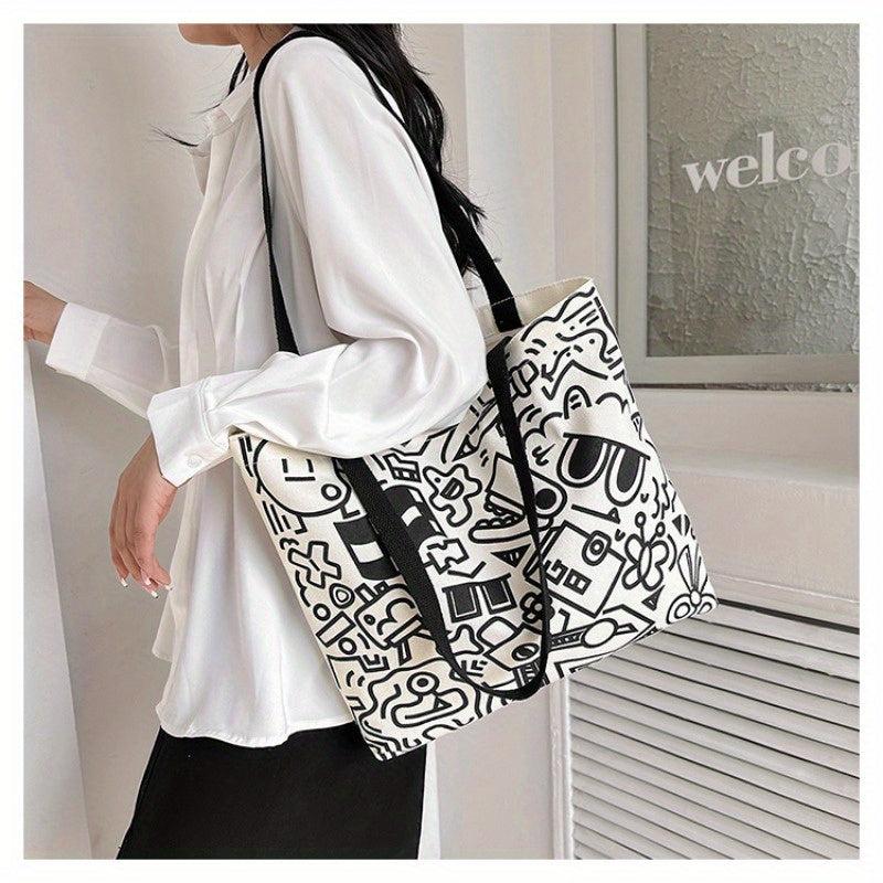 Cartoon Graffiti Print Tote Bag Literary Canvas Shoulder Bag Large Capacity