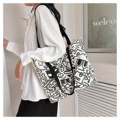 Cartoon Graffiti Print Tote Bag Literary Canvas Shoulder Bag Large Capacity