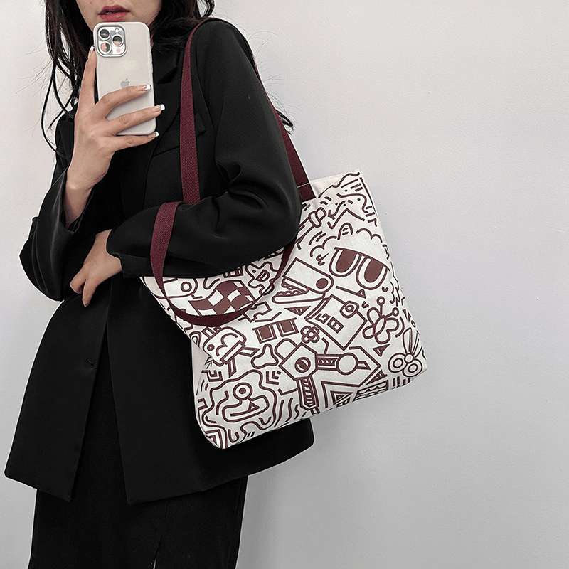 Cartoon Graffiti Print Tote Bag Literary Canvas Shoulder Bag Large Capacity