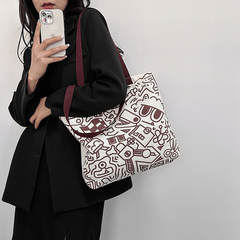 Cartoon Graffiti Print Tote Bag Literary Canvas Shoulder Bag Large Capacity