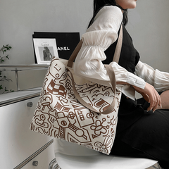 Cartoon Graffiti Print Tote Bag Literary Canvas Shoulder Bag Large Capacity