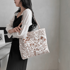 Cartoon Graffiti Print Tote Bag Literary Canvas Shoulder Bag Large Capacity