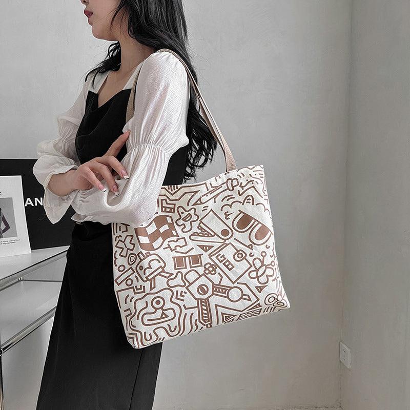 Cartoon Graffiti Print Tote Bag Literary Canvas Shoulder Bag Large Capacity