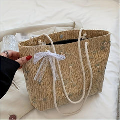 Straw Woven Tote Bag Lightweight Bow Knot Shoulder Bag