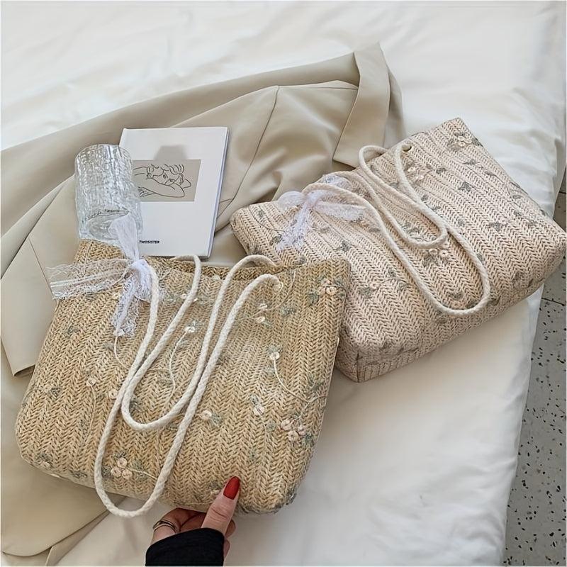 Straw Woven Tote Bag Lightweight Bow Knot Shoulder Bag