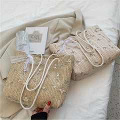 Straw Woven Tote Bag Lightweight Bow Knot Shoulder Bag