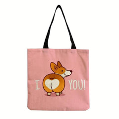 Cartoon Dog Linen Shopper Bag Large Capacity Tote Bag