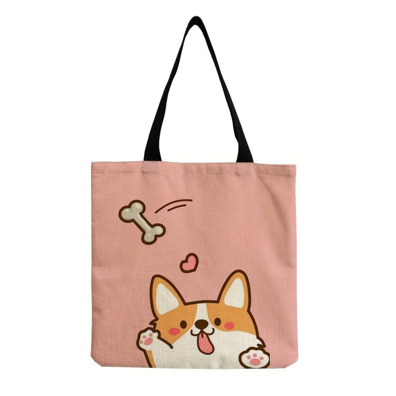 Cartoon Dog Linen Shopper Bag Large Capacity Tote Bag