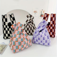 Gingham Knitted Handbag Large Capacity Tote Bag