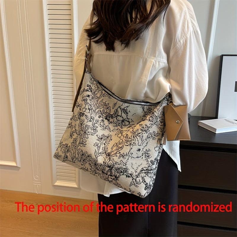 Vintage Flower Pattern Crossbody Bag Zipper Shoulder Classic Bag Women's