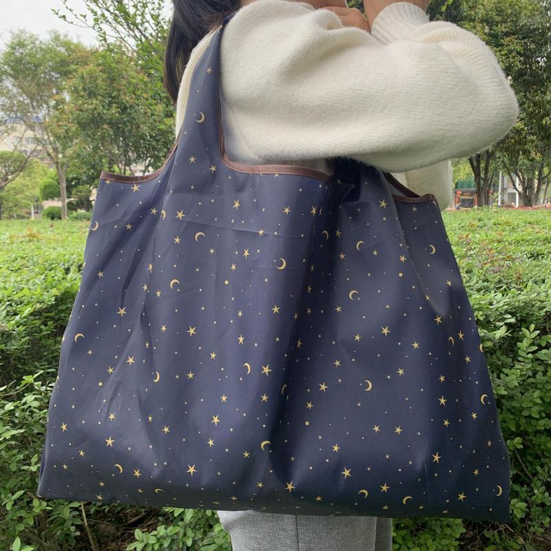 Star & Moon Pattern Shoulder Bag Lightweight Foldable Shopper Bag