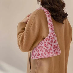 Leopard Pattern Shoulder Bag Flurry Plush Underarm Bag Zipper Stylish