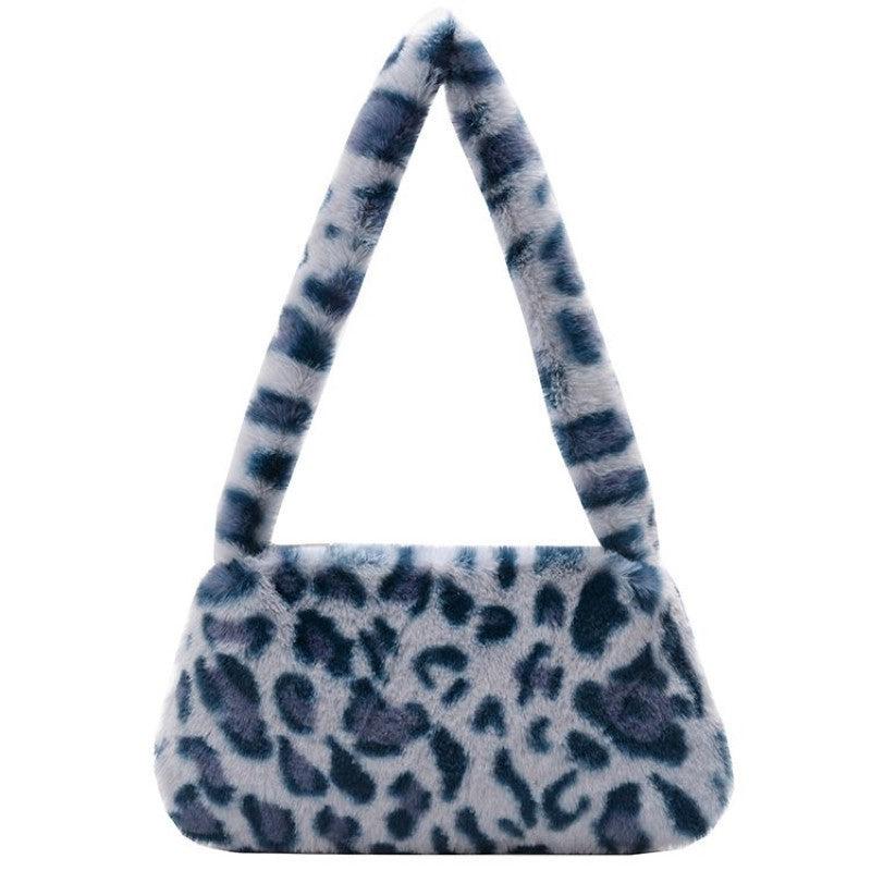 Leopard Pattern Shoulder Bag Flurry Plush Underarm Bag Zipper Stylish