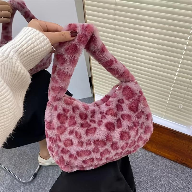Leopard Pattern Shoulder Bag Flurry Plush Underarm Bag Zipper Stylish