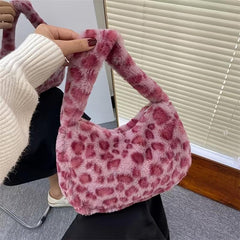 Leopard Pattern Shoulder Bag Flurry Plush Underarm Bag Zipper Stylish
