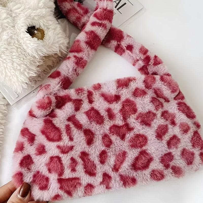 Leopard Pattern Shoulder Bag Flurry Plush Underarm Bag Zipper Stylish