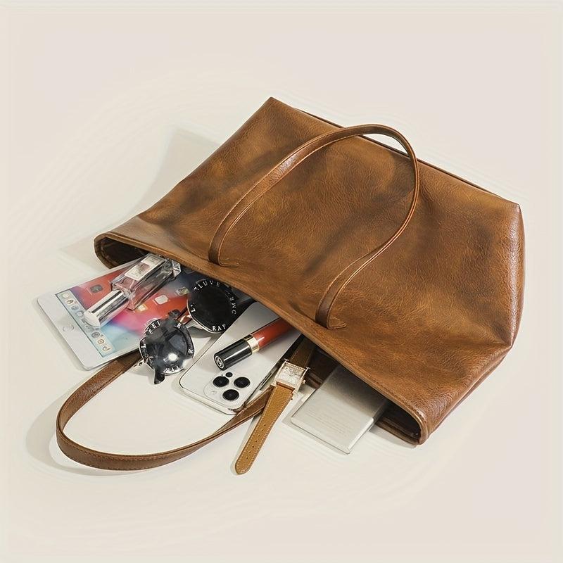 Vintage Vegan Leather Tote Bag Large Capacity Shoulder Bag Handbag For Women