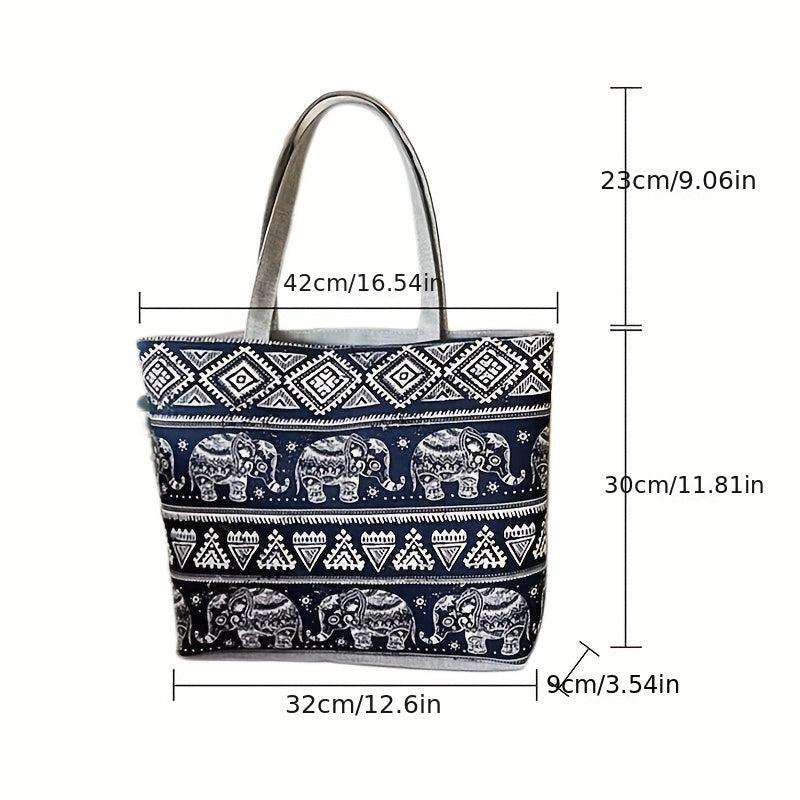 Ethnic Style Elephant Print Canvas Tote Bag for Women