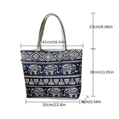 Ethnic Style Elephant Print Canvas Tote Bag for Women