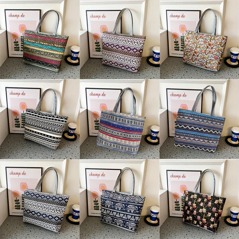 Ethnic Style Elephant Print Canvas Tote Bag for Women