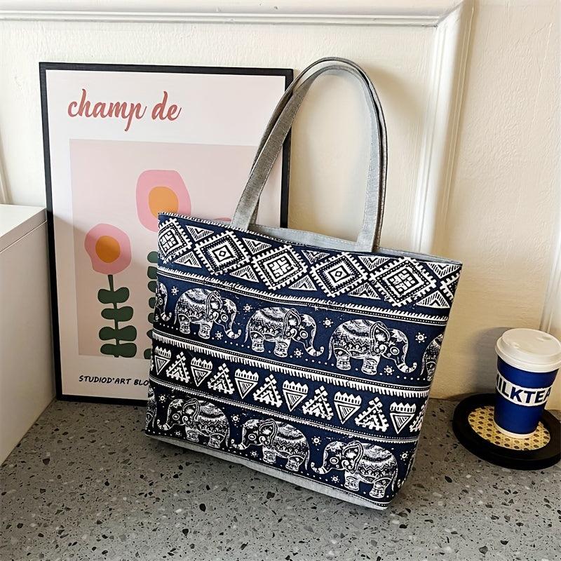 Ethnic Style Elephant Print Canvas Tote Bag for Women