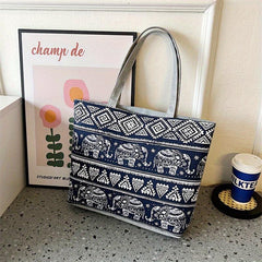 Ethnic Style Elephant Print Canvas Tote Bag for Women