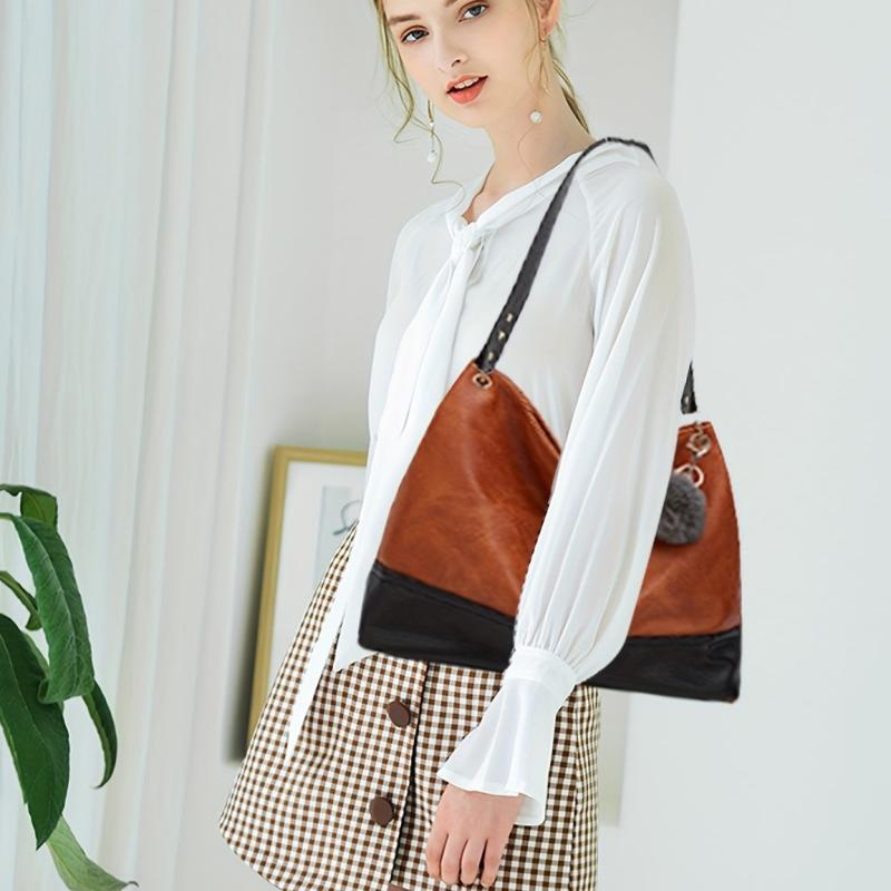 Vintage Contrast Hobo Bag Large Capacity Tote Shoulder Purse