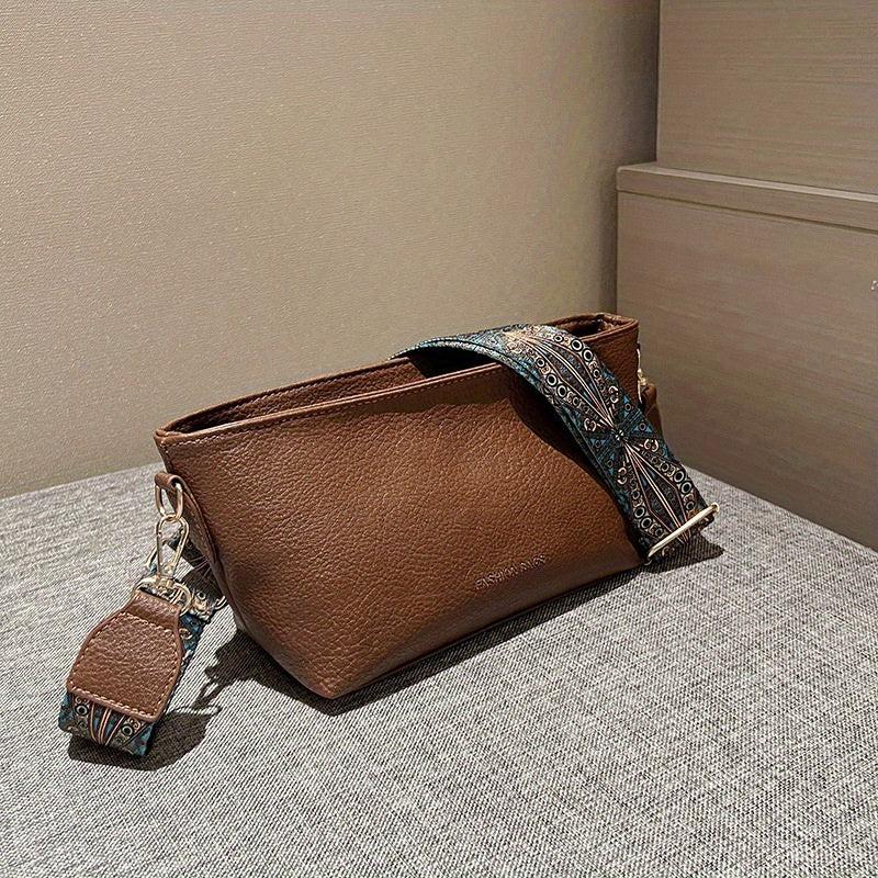 Vintage Shoulder Bag Stylish Zipper Work Bag with Wide Strap