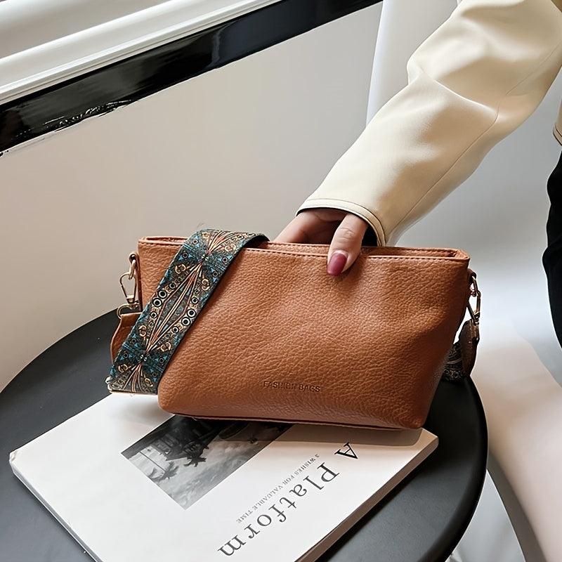 Vintage Shoulder Bag Stylish Zipper Work Bag with Wide Strap