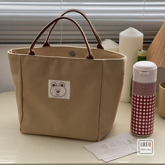 Canvas Lunch Bag Tote Bag Portable Handbag Button Closure