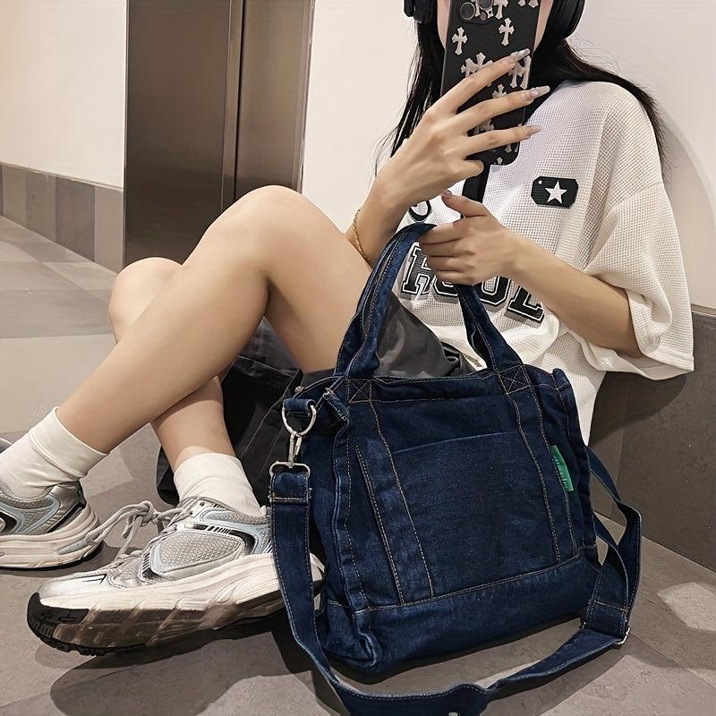 Large Capacity Denim Tote Bag Lightweight Shoulder Bag
