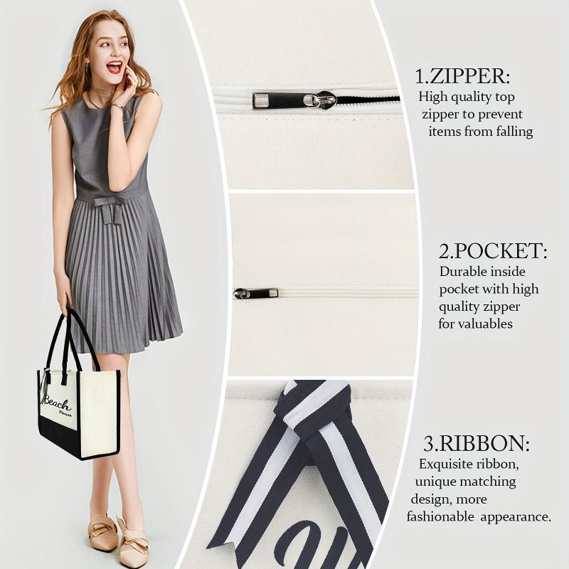 Large Capacity Portable Tote Bag Ribbon Decor Zipper Handbag Durable Canvas