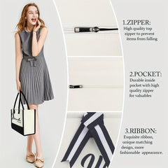 Large Capacity Portable Tote Bag Ribbon Decor Zipper Handbag Durable Canvas