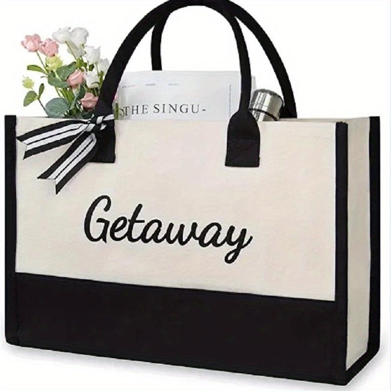 Large Capacity Portable Tote Bag Ribbon Decor Zipper Handbag Durable Canvas