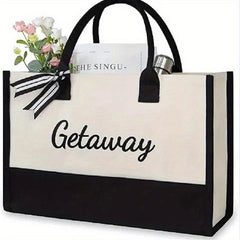 Large Capacity Portable Tote Bag Ribbon Decor Zipper Handbag Durable Canvas