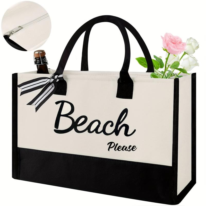 Large Capacity Portable Tote Bag Ribbon Decor Zipper Handbag Durable Canvas