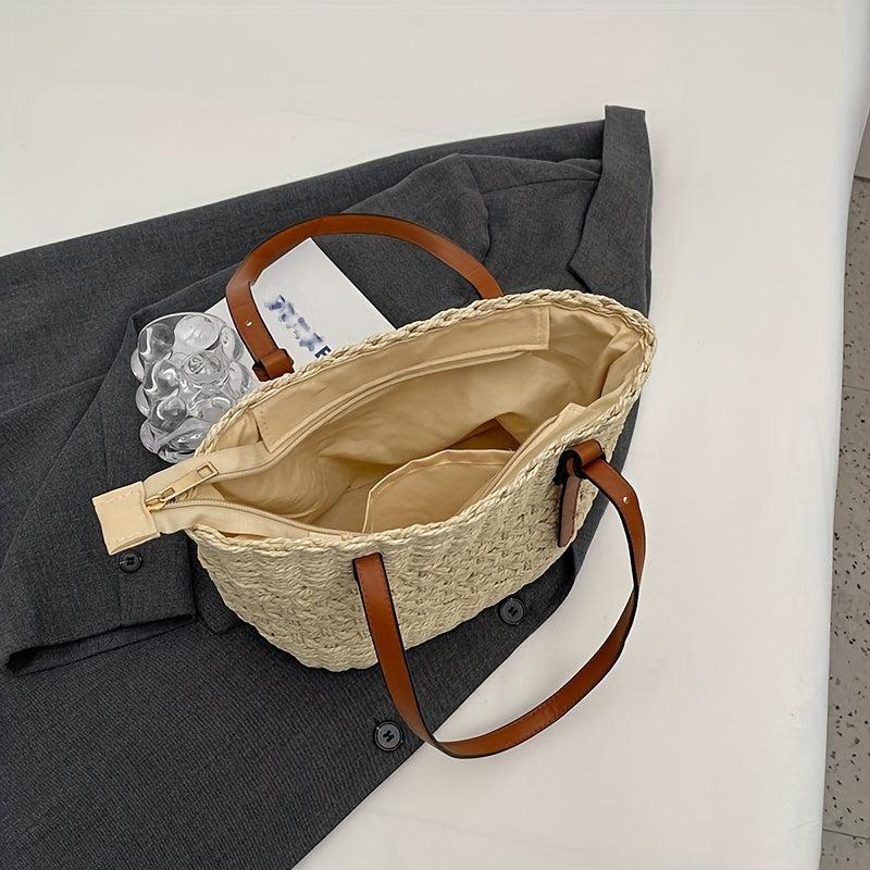 Large Capacity Straw Shoulder Bag for Travel and Beach