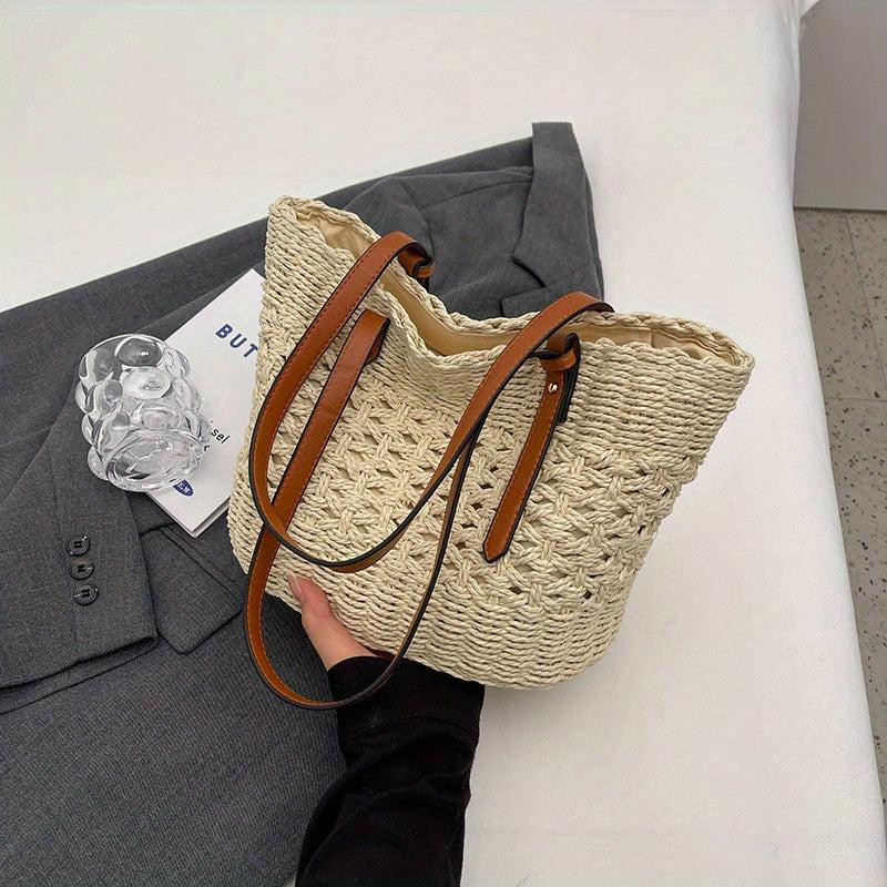 Large Capacity Straw Shoulder Bag for Travel and Beach