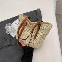 Large Capacity Straw Shoulder Bag for Travel and Beach
