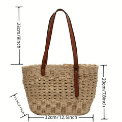 Large Capacity Straw Shoulder Bag for Travel and Beach