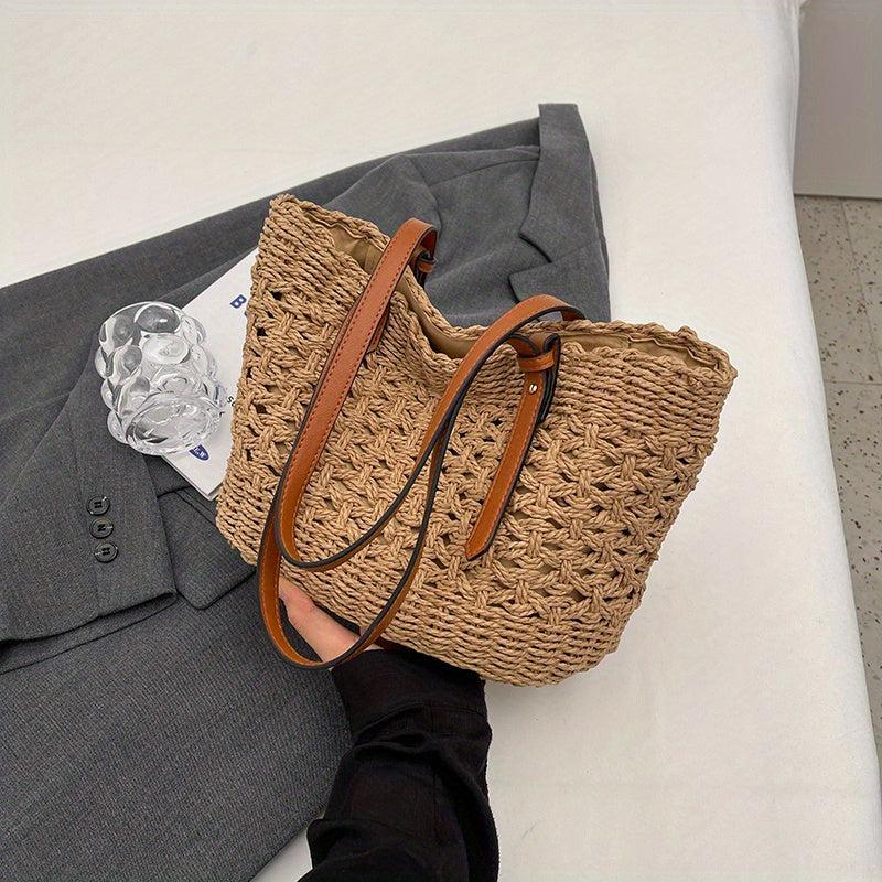 Large Capacity Straw Shoulder Bag for Travel and Beach