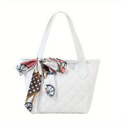 Minimalist Tote Satchel Bag Quilted Detail Handbag Solid Bag With Scarf Decor