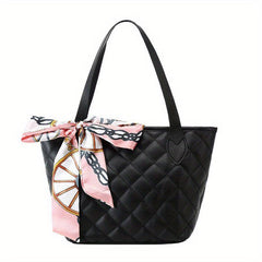 Minimalist Tote Satchel Bag Quilted Detail Handbag Solid Bag With Scarf Decor