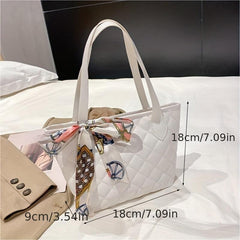 Minimalist Tote Satchel Bag Quilted Detail Handbag Solid Bag With Scarf Decor