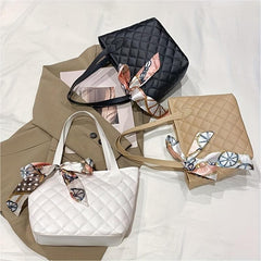 Minimalist Tote Satchel Bag Quilted Detail Handbag Solid Bag With Scarf Decor