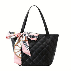 Minimalist Tote Satchel Bag Quilted Detail Handbag Solid Bag With Scarf Decor